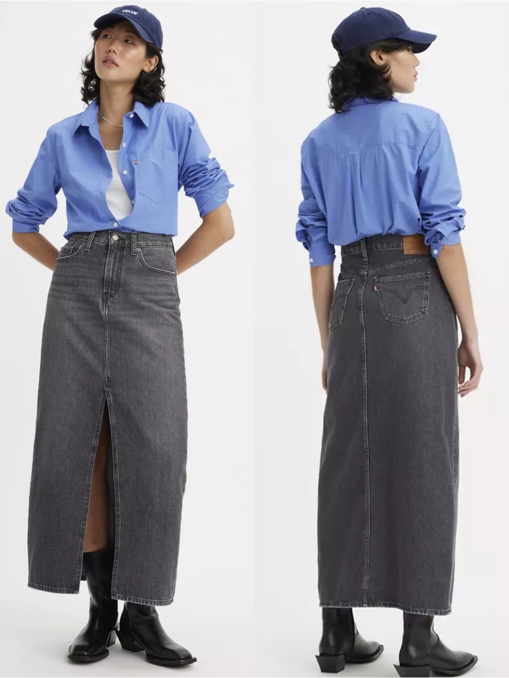 Levi's Permium Women's Front-Slit Ankle Column Denim Skirt Black Gray Size 31